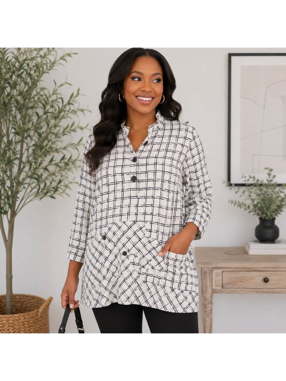 Terra SJ Apparel Black White Plaid Ruffle Neck Tunic Medium Artsy Lagenlook